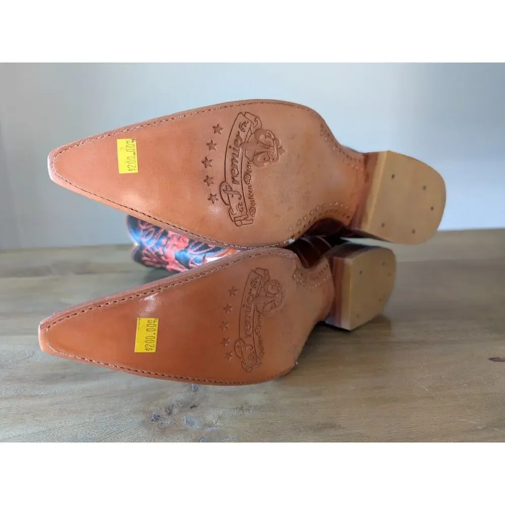 Premier Cowboy Boots Mens Size 8 Brown Leather Embroidered Pointed Toe Pull On